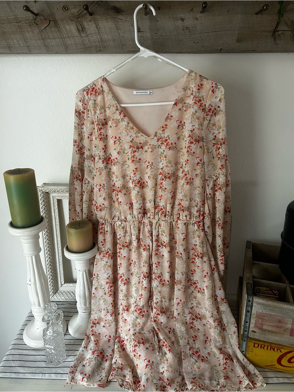 Floral V-Neck Long Sleeve Dress - Beige with Red Floral